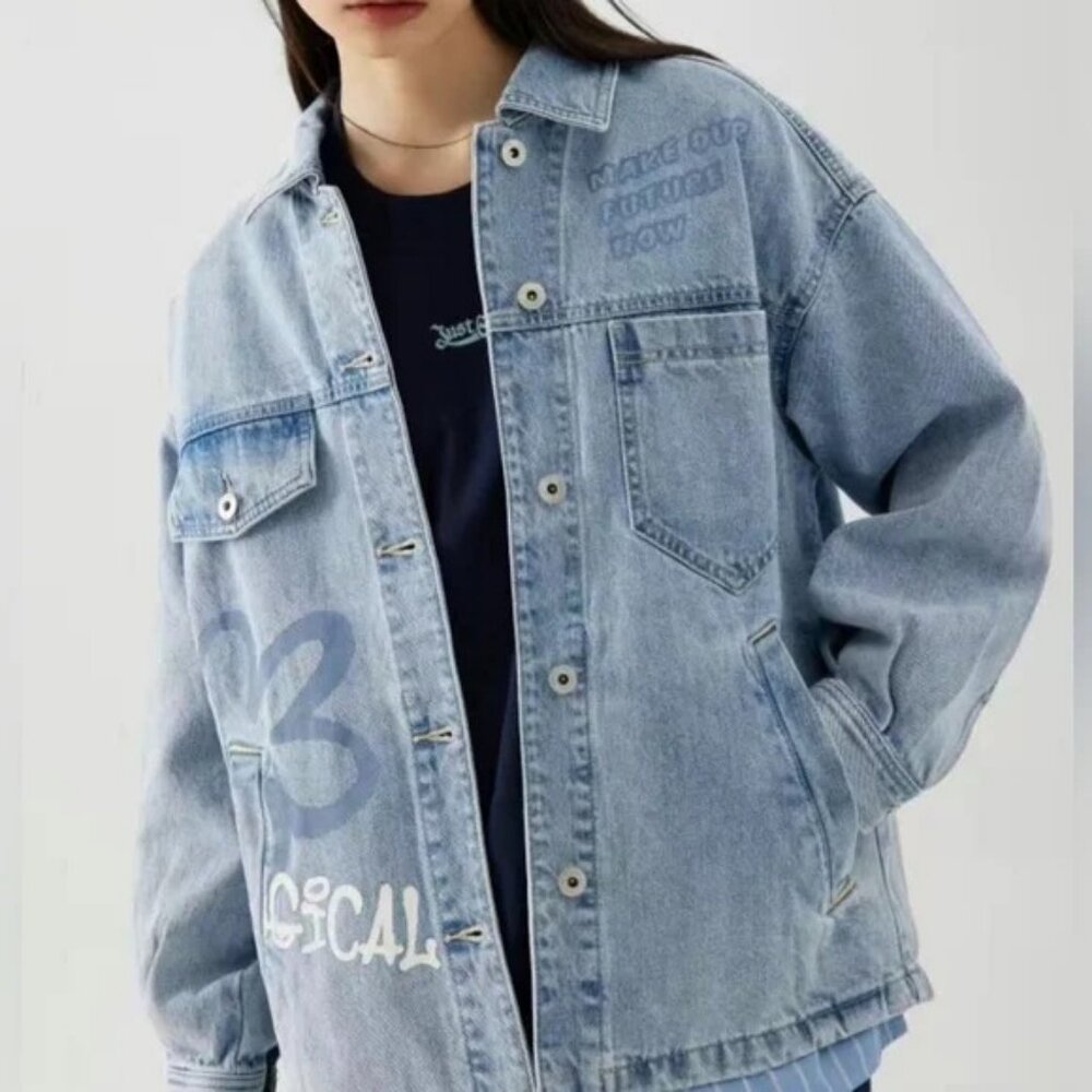 SEM/R Women's Long Sleeve Button Front Boyfriend Denim Jacket Size XL In Blue